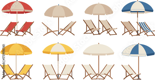 Collection of beach umbrellas with lounge chairs, summer vacation outdoor furniture, seaside relaxation set, holiday resort equipment vector illustration design