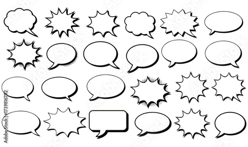 Set talk bubbles speech Vector Set, Blank Ribbon Vector Comic Speech Bubbles and Explosion Boom Shapes Collection, Cartoon Pop Art Starburst Blast Frames.