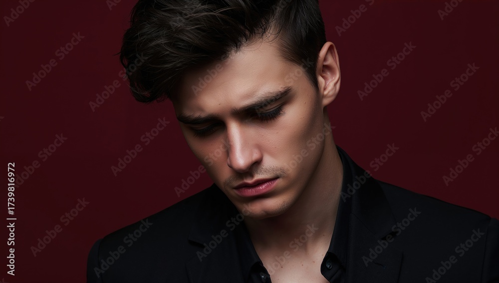 Fototapeta premium Young male model with stylish haircut wearing black suit looking down with a serious expression on dark red background highlighting his emotional demeanor.
