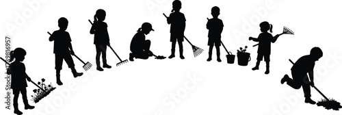 Children gardening silhouette, kids with tools, teamwork outdoors, planting activity, environmental education, nature care, community garden, black vector art, editable illustration