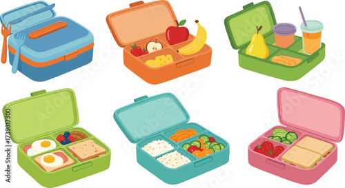Collection of colorful lunchbox vector illustrations with healthy meals, fruits, vegetables, sandwiches, rice, eggs, drinks, snacks and food