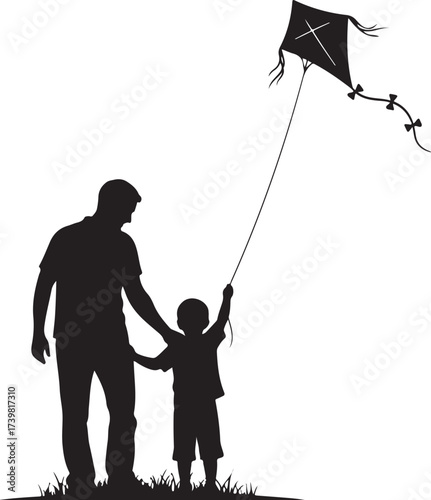 Father and child flying kite on white background