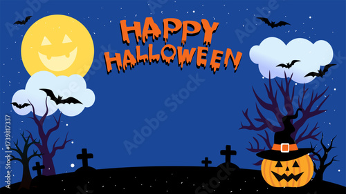 Halloweenthemed PARTY CARD BANNER with pumpkins and bats on  background cute for festive holiday invitations