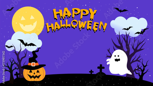 Halloweenthemed PARTY CARD BANNER with pumpkins and bats on  background cute for festive holiday invitations