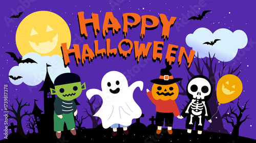 Halloweenthemed children PARTY  CARD BANNER with pumpkins and bats on  background cute for festive holiday invitations
