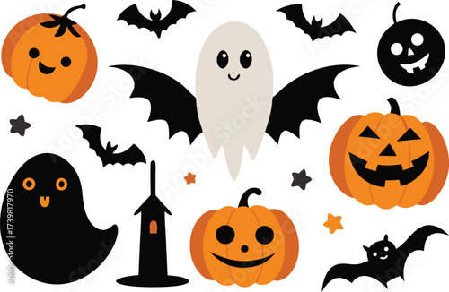 Halloween vector collection spooky pumpkins ghosts bats icons for festive design
