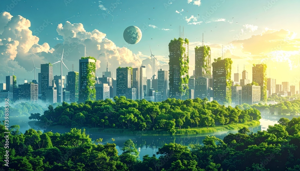 Naklejka premium Sustainable urban development illustrated with interconnected elements