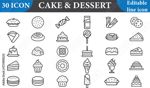 Cake and dessert icon set editable line icon