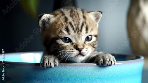 Adorable kitten peeking from a blue bowl
