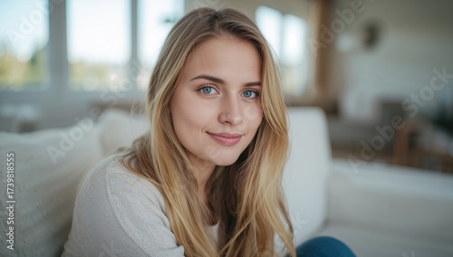 Portrait of a young attractive woman with long blonde hair sitting on a sofa in a bright living room, smiling and looking directly at the camera with a relaxed expression. Free Download Portrait of a young attractive woman with long blonde hair sitting on a sofa in a bright living room, smiling and looking directly at the camera with a relaxed expression. - GFXLoad