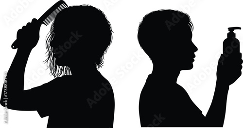Hair Care Silhouettes Showing Grooming Tools and Techniques for Wet and Dry Hair, Personal Hygiene, Beauty Routine, and Hair Product Use