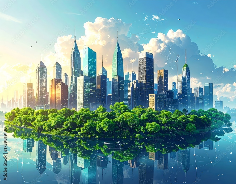 Obraz premium Sustainable urban development illustrated with interconnected elements