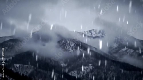 Snowy mountain range in a storm