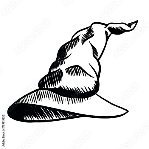 Vector illustration of a wizard hat. Magic witch hat sketch with vintage engraving style, Halloween costume accessory, fantasy sorcerer symbol, spooky decoration, occult art for design and print