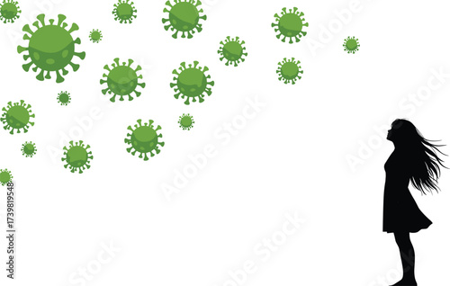 Silhouette of woman facing coronavirus infection risk with floating green virus cells, pandemic health crisis concept for medical and awareness design