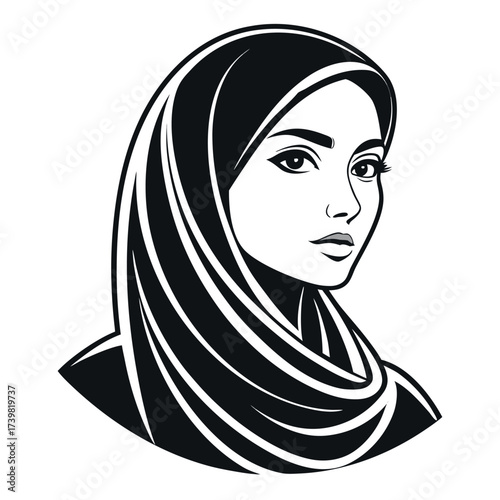 Muslim woman with hijab silhouette vector illustration,Black colour solid white background (9).eps