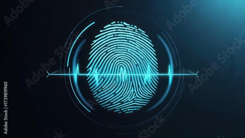 A digital fingerprint scan with glowing blue lines and a dark background, representing security