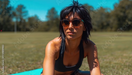 Slim fitness woman with short black hair and sunglasses exercises on a yoga mat in a park during summer wearing sports shorts and a tank top.