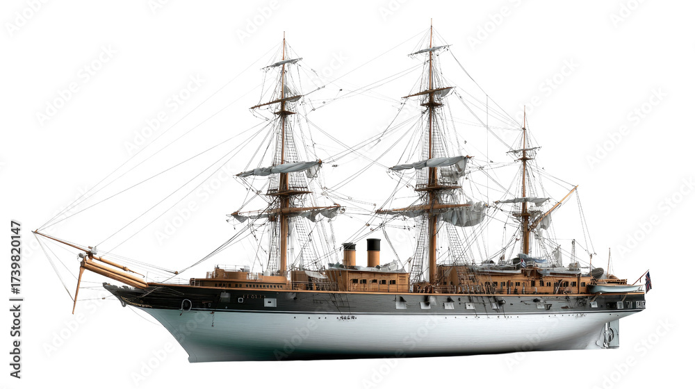 Fototapeta premium Naval Voyage: The meticulously crafted sailing ship cuts through the sea, its grand masts reaching towards the heavens, exuding historical grandeur and nautical adventure.