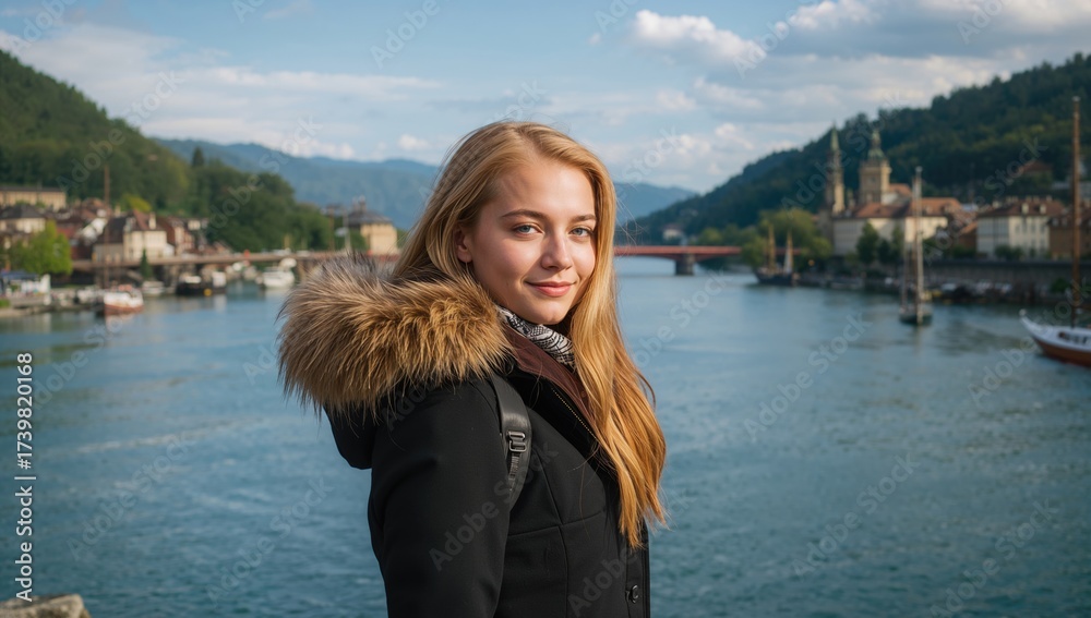 Fototapeta premium Young woman with long blonde hair wearing black coat with fur collar standing by the Danube River with scenic views of hills and buildings in the background