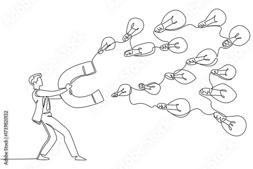 Continuous one line drawing a businessman holds big magnet attracting various sized lightbulbs. Collecting many solutions. Idea. National Creativity Day. Single line draw design vector illustration