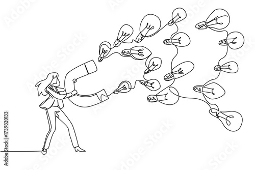 Single continuous line drawing a businesswoman holds a large magnet attracting various sized light bulbs. Attracting many creative ideas. National Creativity Day. One line design vector illustration