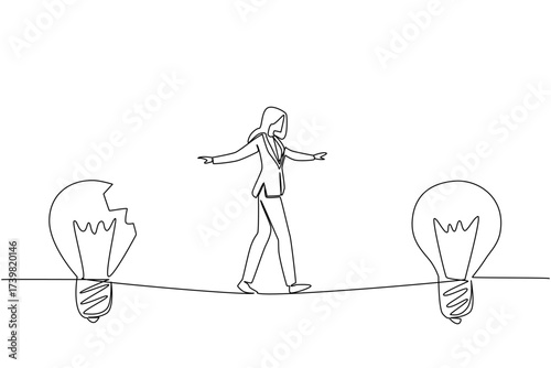Single one line drawing a businesswoman walks on tightrope from broken lightbulb to a whole lightbulb. Fixing a risky situation. National Creativity Day. Continuous line design graphic illustration