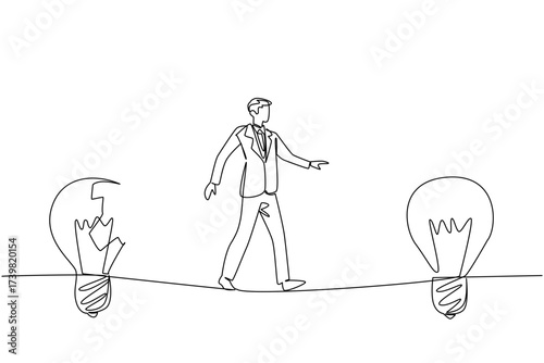 Single continuous line drawing a businessman walks on tightrope from broken lightbulb to a whole lightbulb. Towards improvement. Solution. National Creativity Day. One line design vector illustration