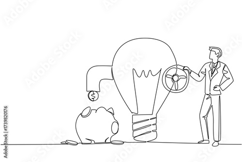 Single one line drawing a businessman turns tap on lightbulb and releases coins and a piggy bank holds them. Turning the deadlock. National Creativity Day. Continuous line design graphic illustration