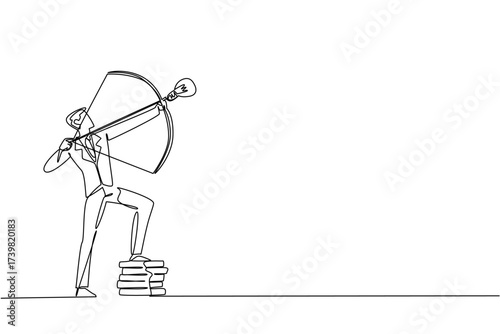 Continuous one line drawing a businessman archery arrow with lightbulb tip, one foot resting on pile of coins. Aiming for profit. National Creativity Day. Single line draw design vector illustration