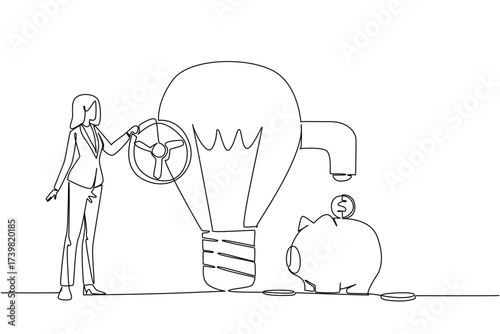 Single one line drawing a businesswoman turns tap on lightbulb and releases coins and piggy bank holds them. Unlocking innovation. National Creativity Day. Continuous line design graphic illustration
