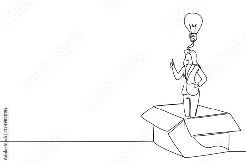 Single continuous line drawing a businesswoman inside big cardboard box making gesture of gets idea. Anywhere solution for problem solvers. National Creativity Day. One line design vector illustration