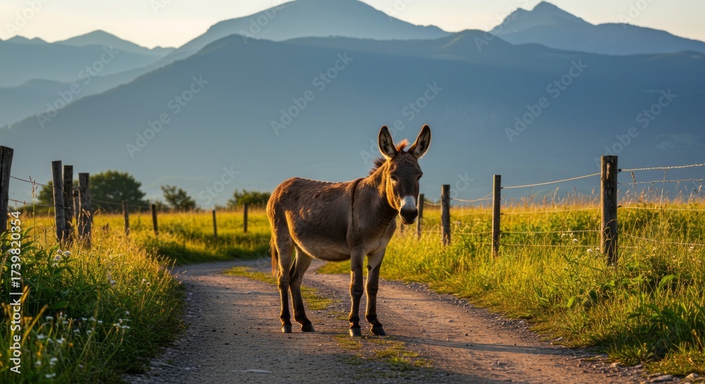 Obraz premium Donkey standing on farmland, symbol of hard work, endurance, and rural life, often associated with agriculture, transport, and countryside nature.