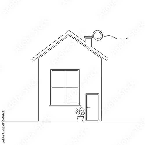 Contemporary building facade in daylight, clean geometric lines, designed in minimalist black ink on a transparent background for architecture, real-estate or urban design uses