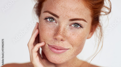 Young caucasian woman with curly brown hair and freckles applying green cream to her face with fingers. Healthy glowing skin. Generative AI