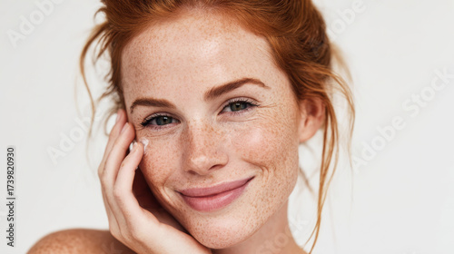 Young caucasian woman with curly brown hair and freckles applying green cream to her face with fingers. Healthy glowing skin. Generative AI