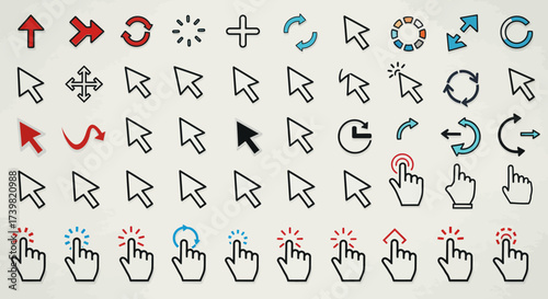 Collection of diverse computer cursor icons and hand gestures on a textured background