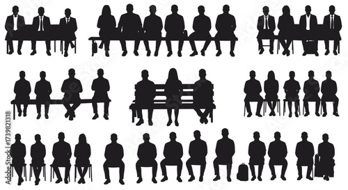 Silhouettes of people sitting on benches and chairs, vector illustration