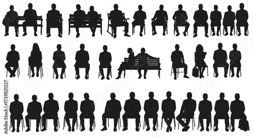 Silhouettes of People Sitting on Benches and Chairs in Various Poses, Vector Art