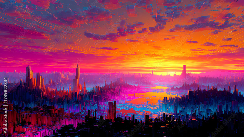 Fototapeta premium Vibrant dawn breaks over a stylized cityscape, presenting a colorful and dreamlike vista.