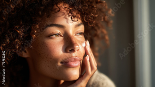 Young woman of African descent with curly hair applying a white cream to her face with fingers standing near window. Healthy glowing skin. Generative AI