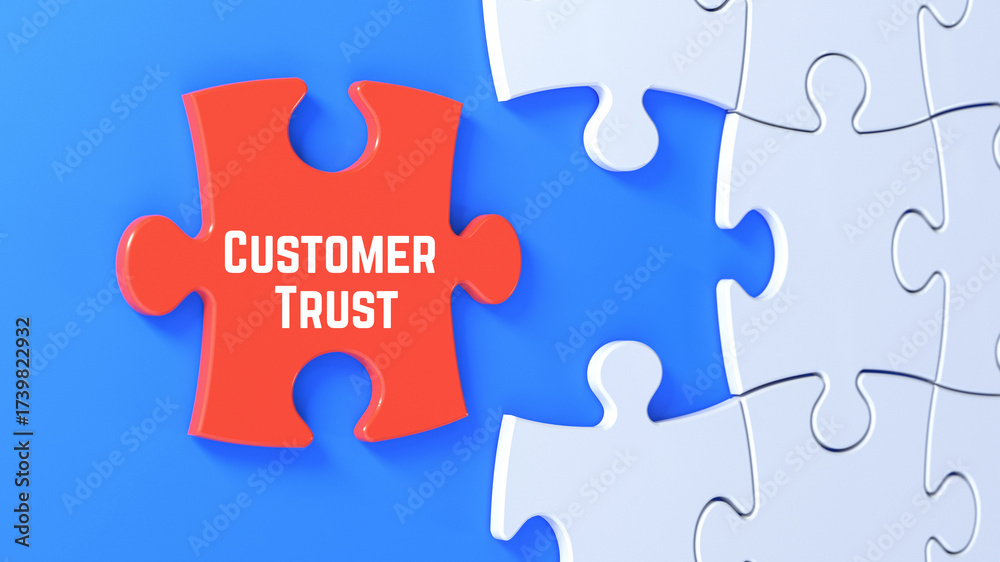 Fototapeta premium Red Puzzle Piece with Customer Trust Text Completing White Jigsaw on Blue Background