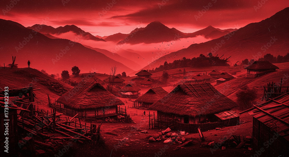 Obraz premium Mysterious red hued mountain village under dramatic fiery skies evokes ancient folklore and fantasy worlds