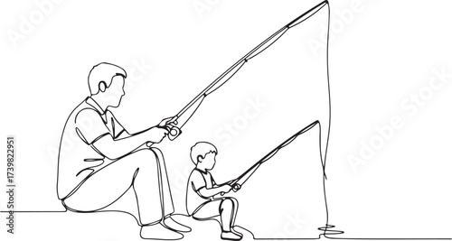 Father and son fishing by the water