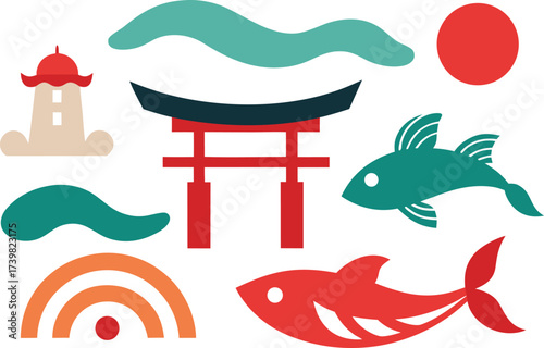 Japanese traditional elements bundle vector illustration waves torii fish sun icons scalable eps