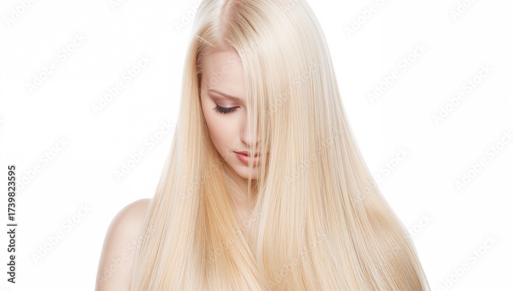 Fototapeta premium Long straight blonde hair cascading over a model's shoulders with a natural sheen while the model's face is partially obscured in a white background setting.