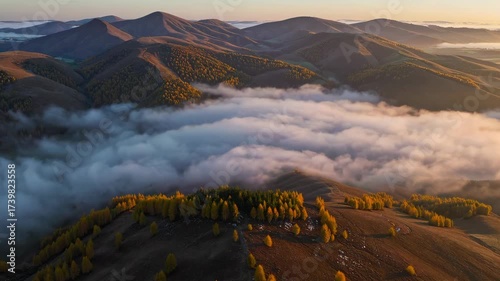 Autumn valley with rolling hills covered in morning fog at sunrise