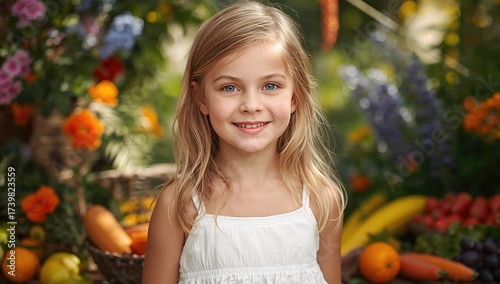 Fototapeta Naklejka Na Ścianę i Meble -  Young girl with long blonde hair, blue eyes, and a warm smile standing in front of a vibrant assortment of fruits and colorful flowers in a garden setting.