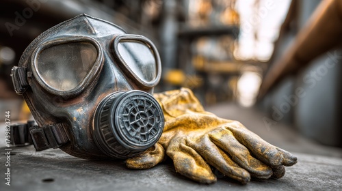 Vintage Gas Mask and Leather Gloves on Industrial Background with Blurred Workshop Elements