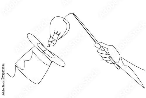 Single continuous line drawing hand holds magic wand and points it at magic hat emits a lightbulb. Performances add value to creativity. National Creativity Day. One line design vector illustration